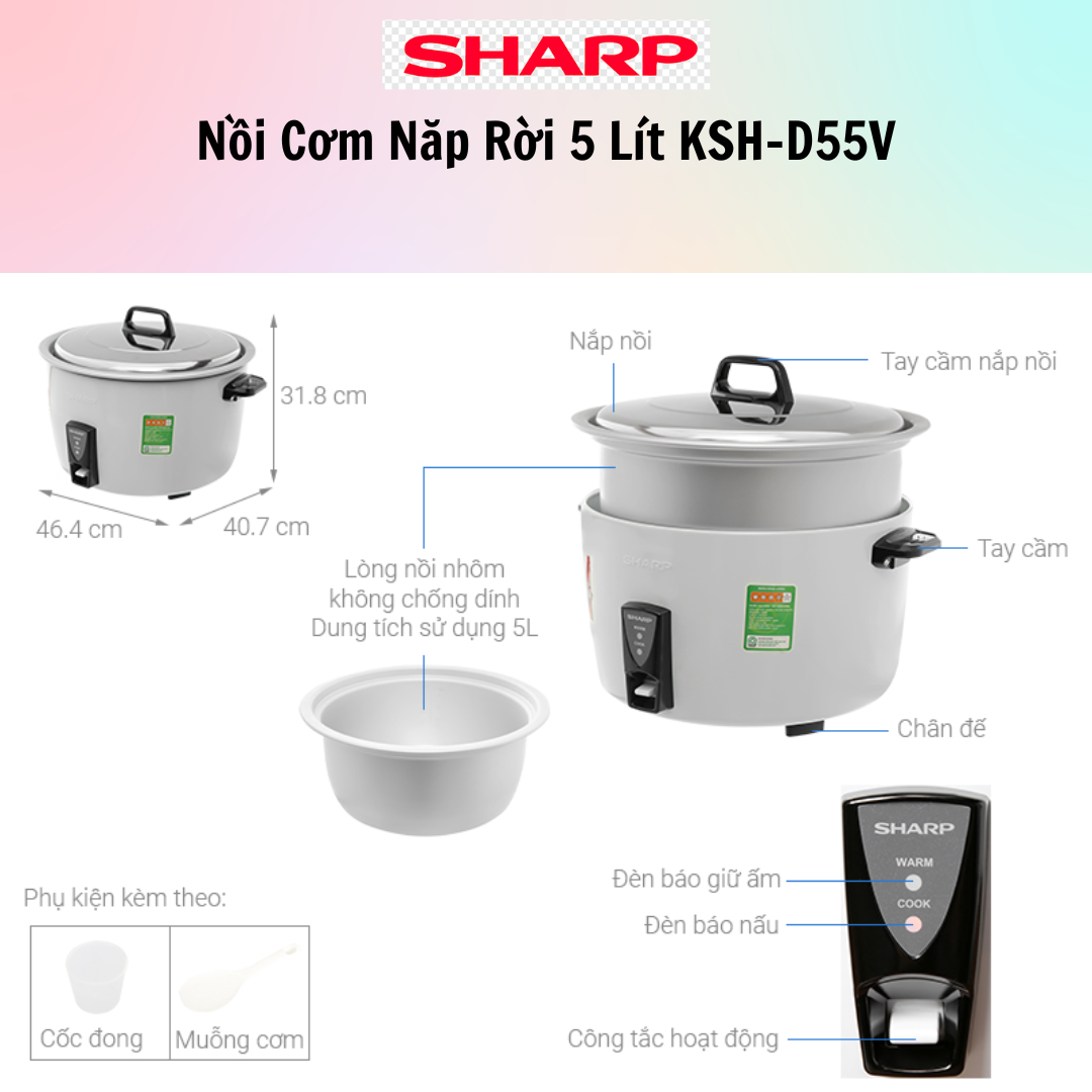 Nồi Cơm Điện Nắp Rời Sharp KSH-D55V (5 Lít)/KSH-D77V (7 Lít) - Trắng - Hàng chính hãng