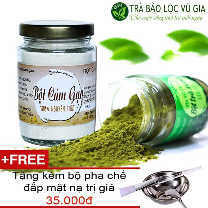 Combo Bột Trà Xanh + Bột Cám Gạo - Nguyên Chất Vũ Gia 100g/hũ + Tặng Bộ Đắp Mặt Nạ Inox Cao Cấp - Dưỡng da mặt, tắm trắng toàn thân, cải thiện sắc tố da hiệu quả