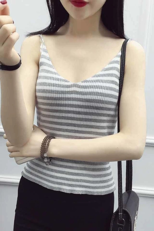 Áo hai dây kẻ ngang Quảng Châu cổ V thời trang nhiều màu đi biển A260