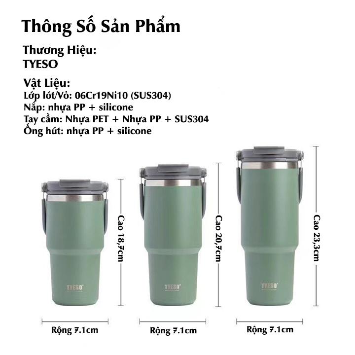 Bình Giữ Nhiệt TYESO Chính Hãng (Khắc Tên) 750ML/900ML inox 304 Giữ Nhiệt Từ 8-18h Lamita, Có Ống Hút, Quai Xách