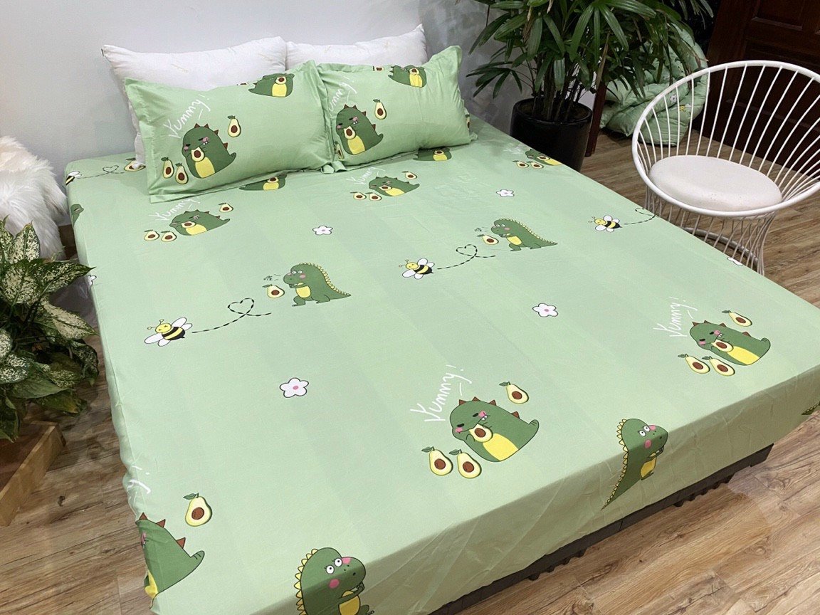 (FreeShip MAX) Bộ ga gối cotton poly 3 món họa tiết mẫu khủng long bơ Kovico Kho chăn ga gối, ga giường, drap giường hà nội