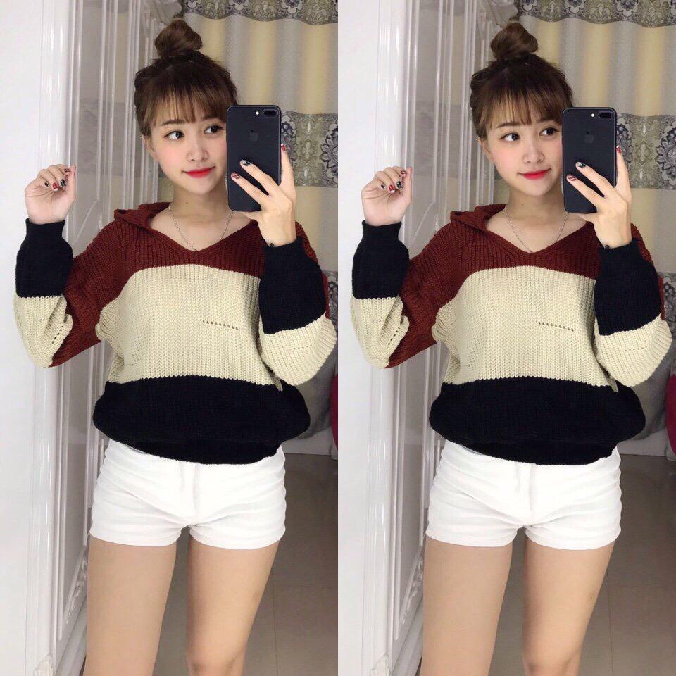 ÁO LEN CHUI ĐẦU CÓ NÓN PHỐI MÀU CỰC XINH