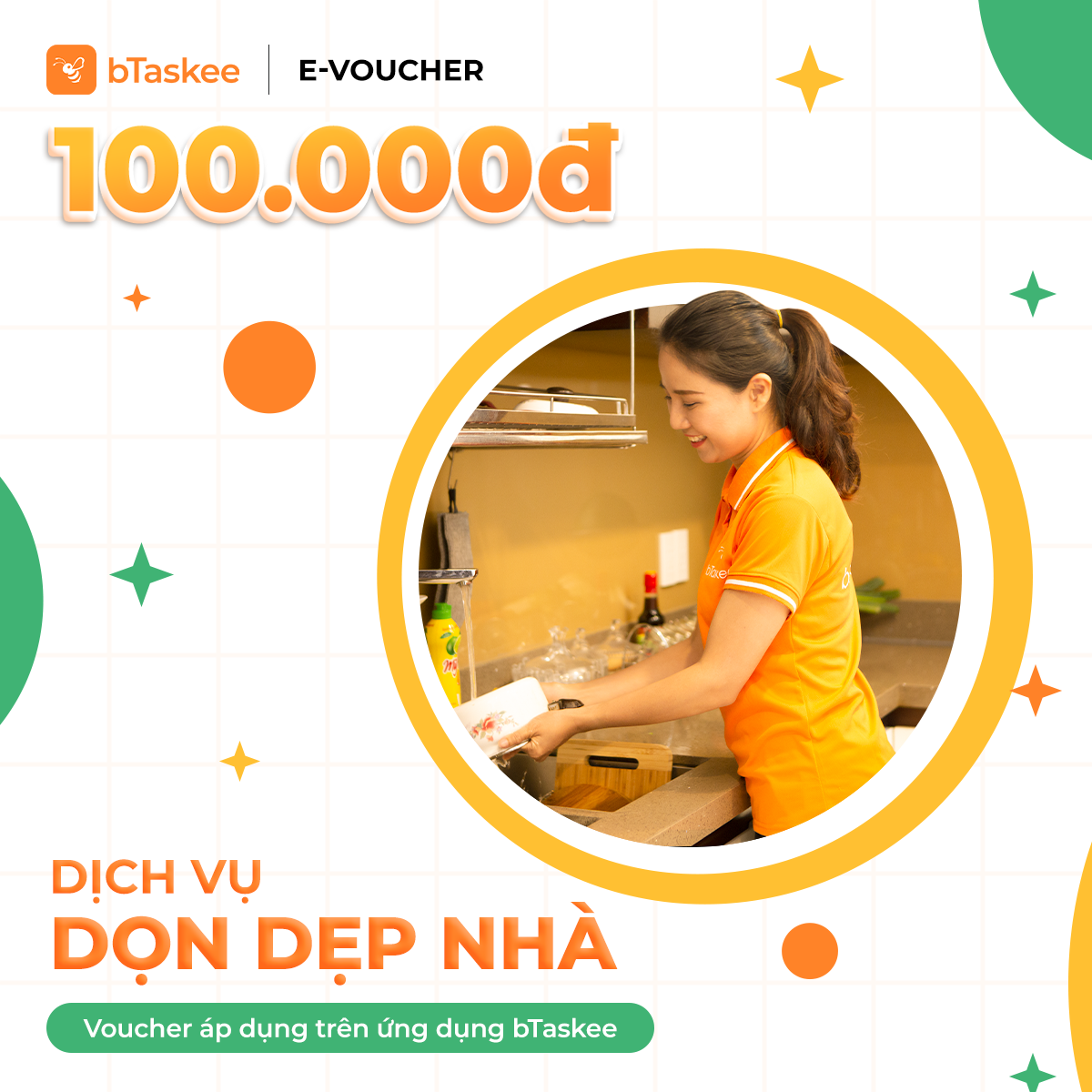 [bTaskee] eVoucher trị giá 100.000đ áp dụng cho dịch vụ Giúp việc nhà