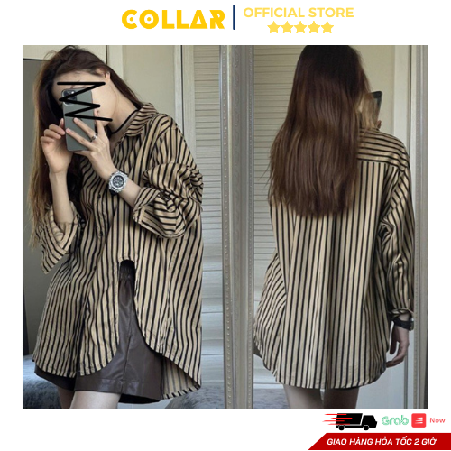 Áo sơ mi kẻ nâu đuôi tôm kiểu dáng basic tôn da, áo khoác ngoài phong cách Hàn Quốc đơn giản COLLAR