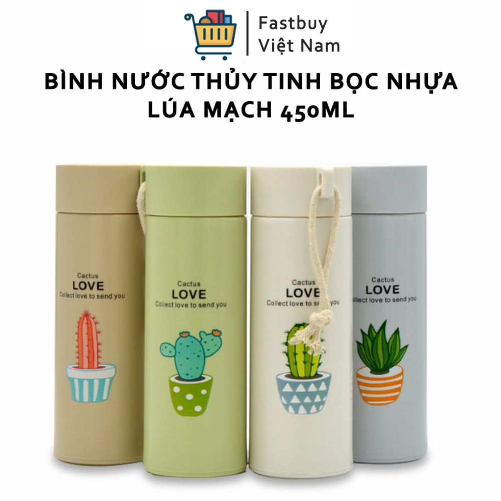 Bình Giữ Nhiệt In Hình Xương Rồng Cactus Love 450ml Siêu Cute,Lõi Thủy Tinh Bọc Vỏ Nhựa Lúa Mạch Bình Chống Vỡ, Chống Va Đập Có Dây Đeo