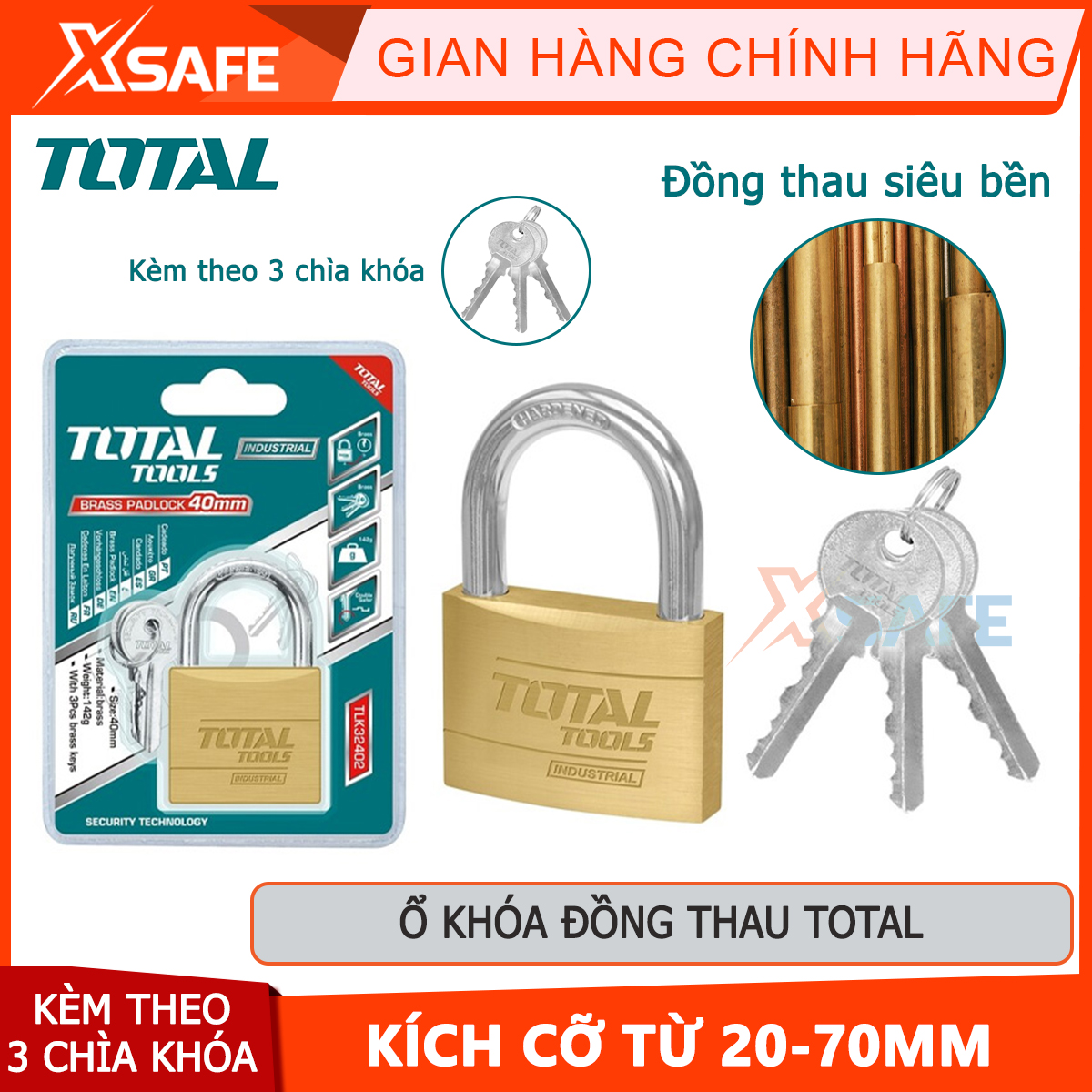 Ổ buckle copper brass total size from 20-70mm brass ultra durable ultra-rugged gift with 3 key lock padlock padlock home lock anti-theft lock mini lock briefcase-key carrier-xsafe