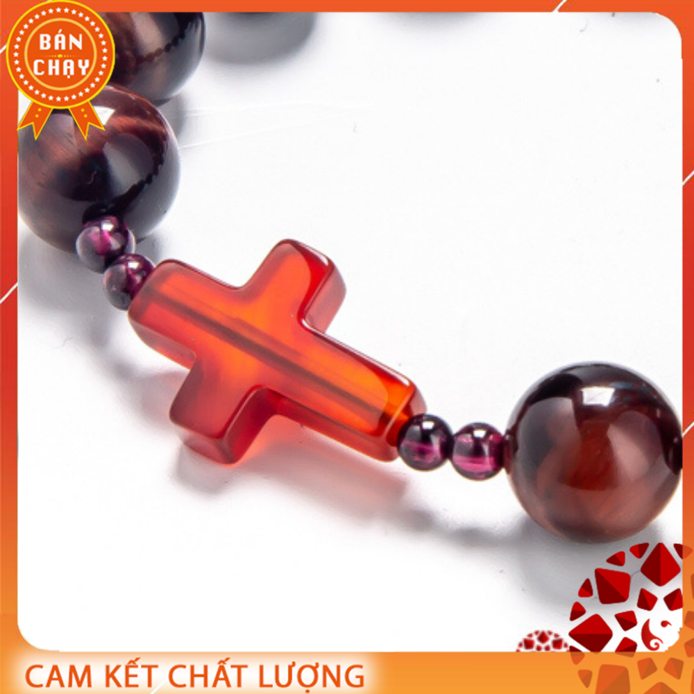 [HCM]Vòng Chuỗi Mân Côi Đá Mắt Hổ Đỏ 10mm mix Ngọc Hồng Lựu và Thánh Giá Mã Não Đỏ | VietGemstones