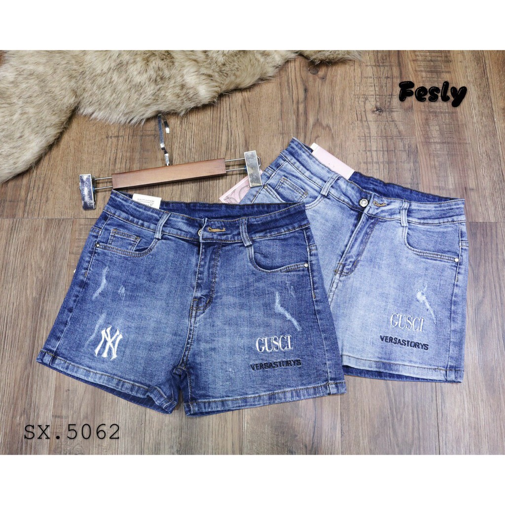 Quần Sooc Jeans Nữ Xanh Thêu Cạp Cao [ Ảnh Thật ]