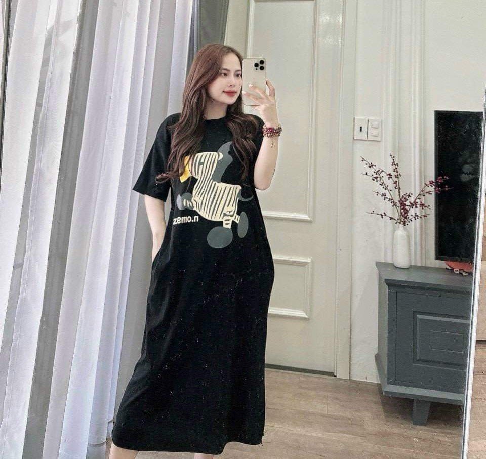 Váy Bầu Cotton Bigsize Cổ Tròn Tay Ngắn Phong Cách Hàn Quốc Size 45-100kg