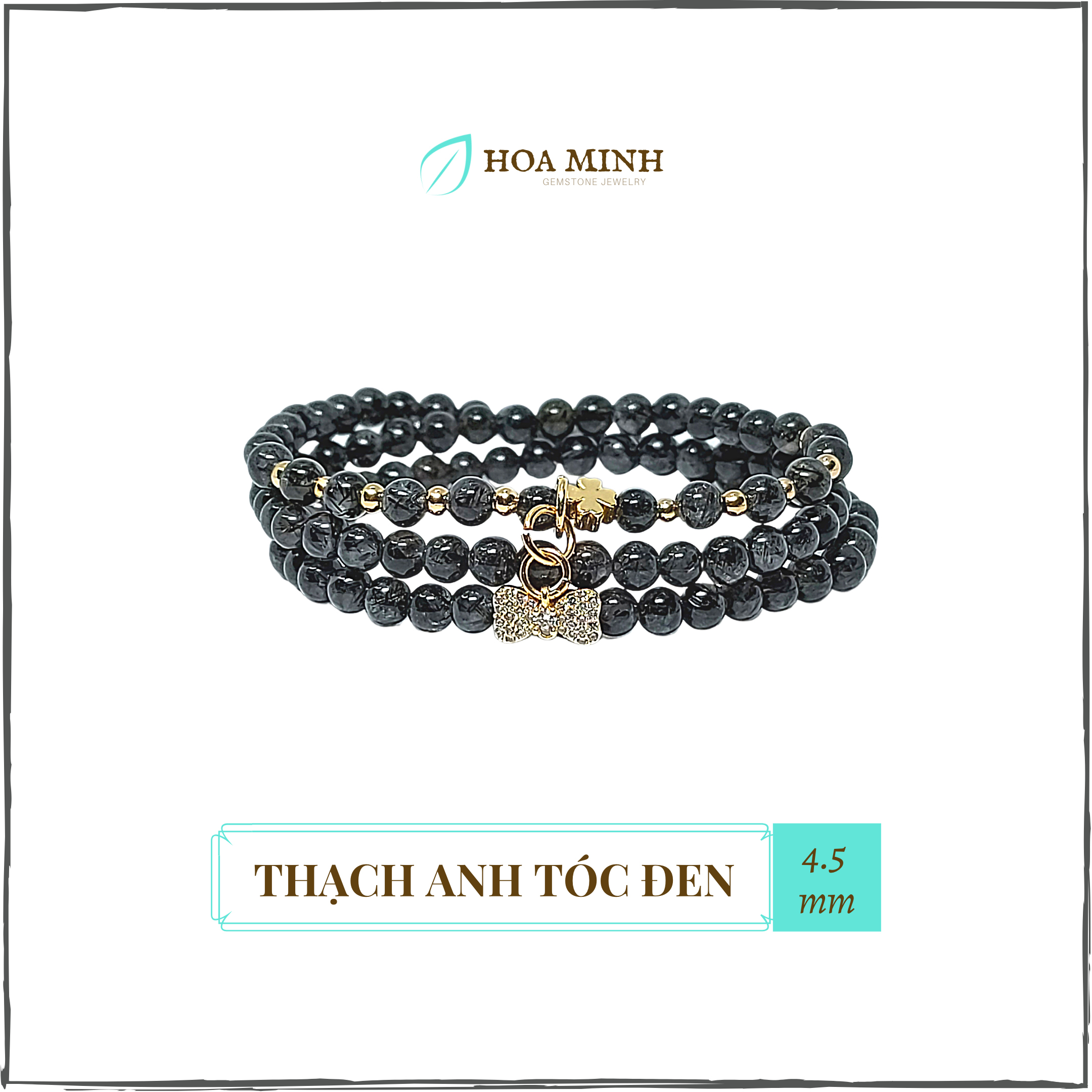 Vòng tay nữ đá Thạch Anh Tóc Đen thiên nhiên 4.5 li quấn 3 vòng, Charm nơ đính đá quý phái Hợp mệnh Thủy Mộc | Hoa Minh Gem