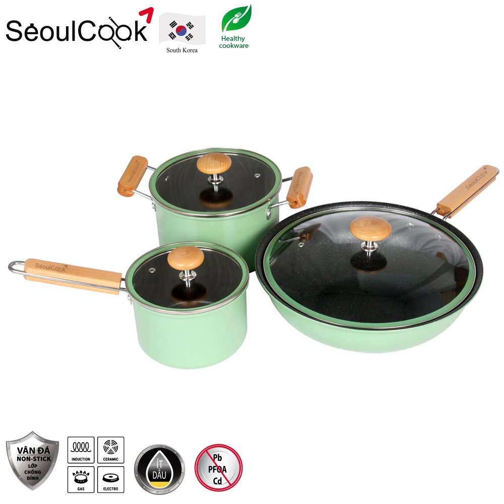 (Tặng kem Hàn Quốc The Rucy trị gia 290K) Bộ 3 món nồi chảo đáy từ cao cấp Hàn Quốc Seoulcook Luxury chống dính vân đá an toàn cho sức khỏe, dùng cho bếp gas, hồng ngoại– Hàng chính hãng