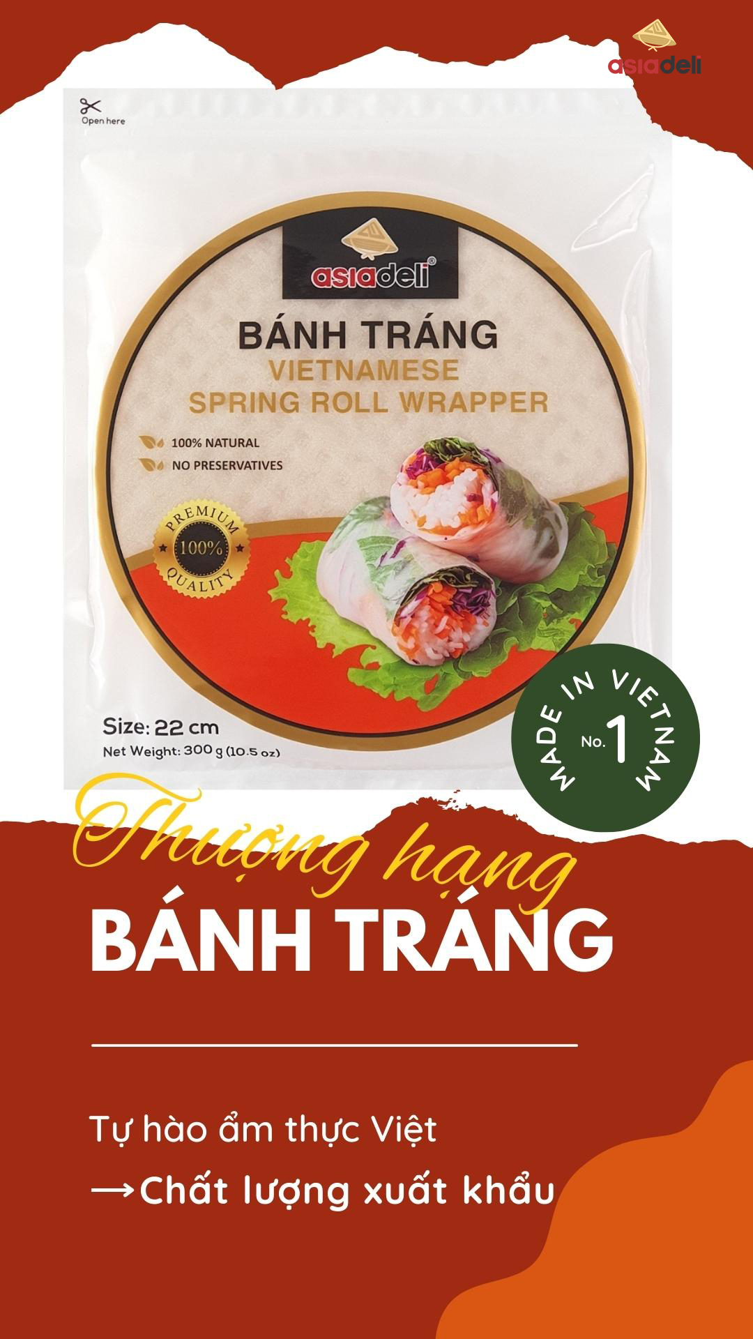 Bánh Tráng Cuốn 22cm Asiadeli gói 300g Hàng Xuất Khẩu