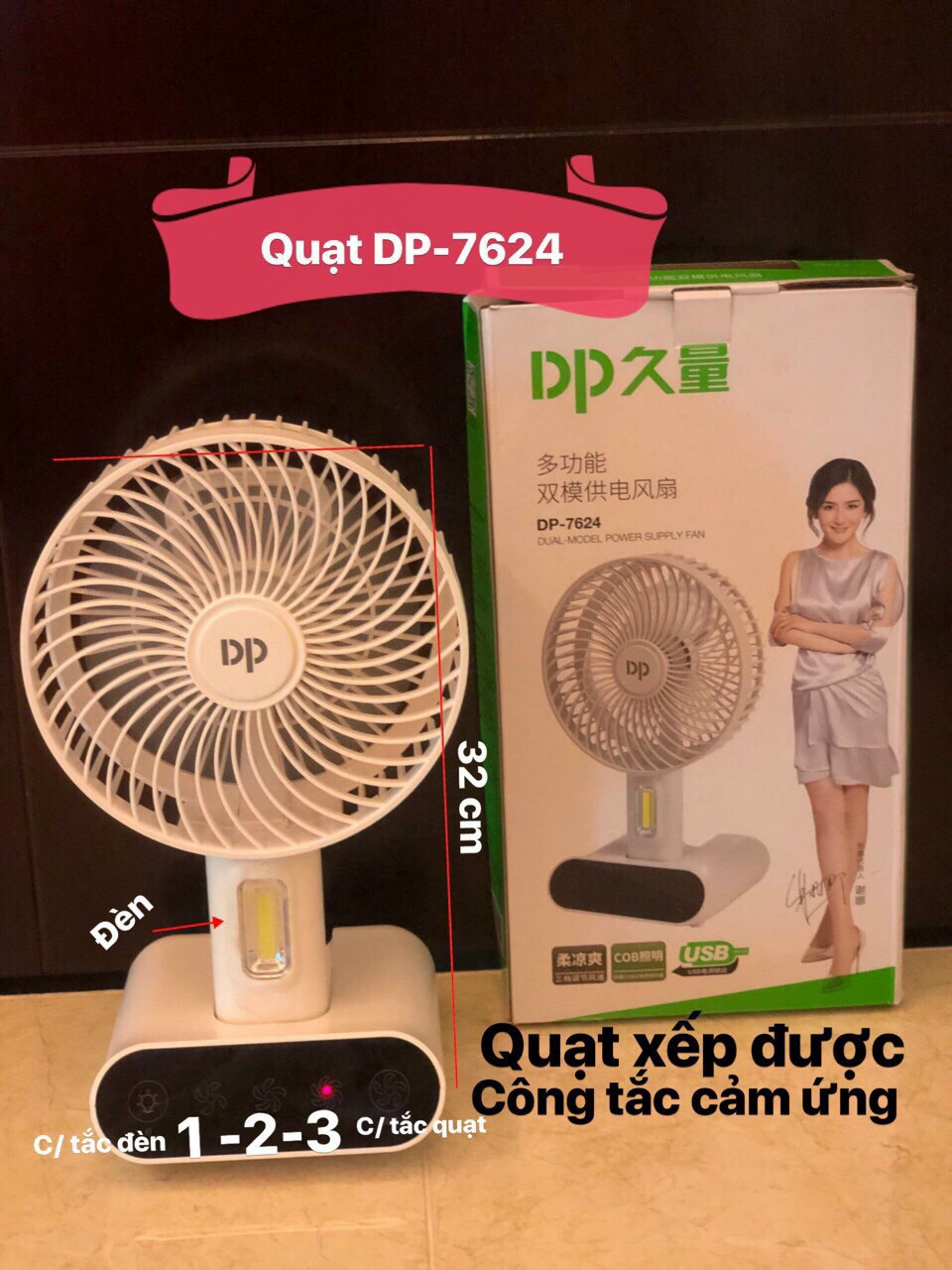 [HCM]Quạt Sạc Điện Có Led Cảm Ứng 3 Chế Độ Mát DP-7624