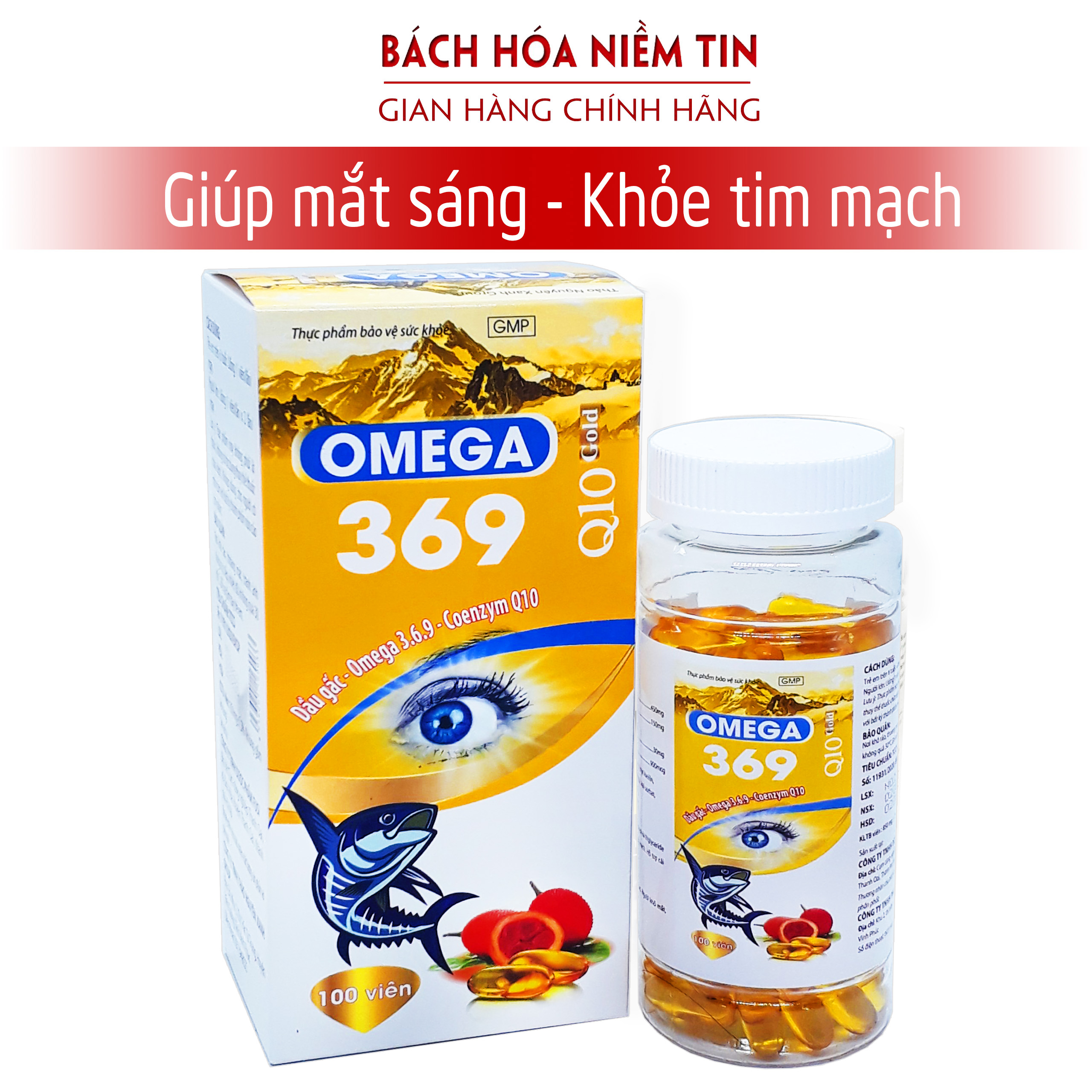 Viên dầu cá Omega 369 dầu gấc đỏ - hộp 100 viên - giúp bổ não, giảm khô mắt, mỏi mắt, tăng cường thị lực hiệu quả - Chuẩn GMP
