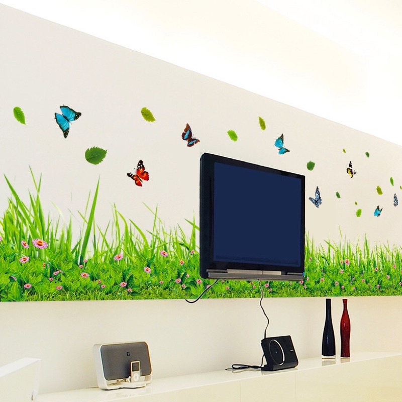 Decal dán chân tường cỏ xanh và lá bay