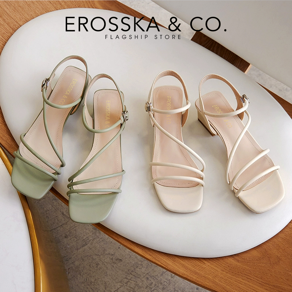 Erosska - Giày sandal cao gót hở mũi phối dây quai mảnh cao 5cm màu nude - EB065