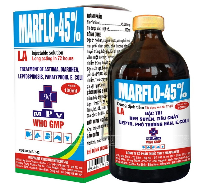 Florfenicol 45mg - Marflo45% (100ml) - hen, suyễn, ho ở chó, mèo, gia súc, gia cầm