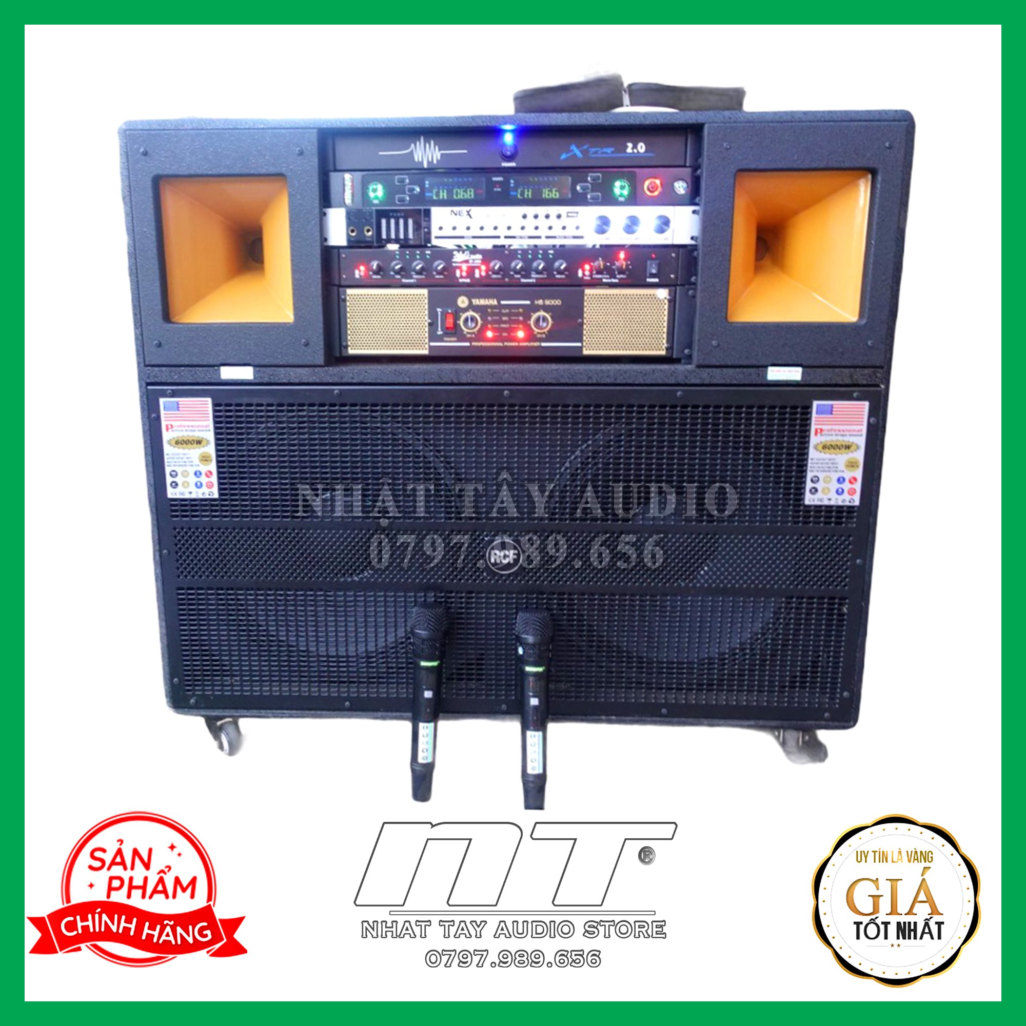 Loa kéo điện RCF 1008, Dàn âm thanh karaoke công suất lớn bass đôi 40 , loa kéo thùng gỗ cao cấp