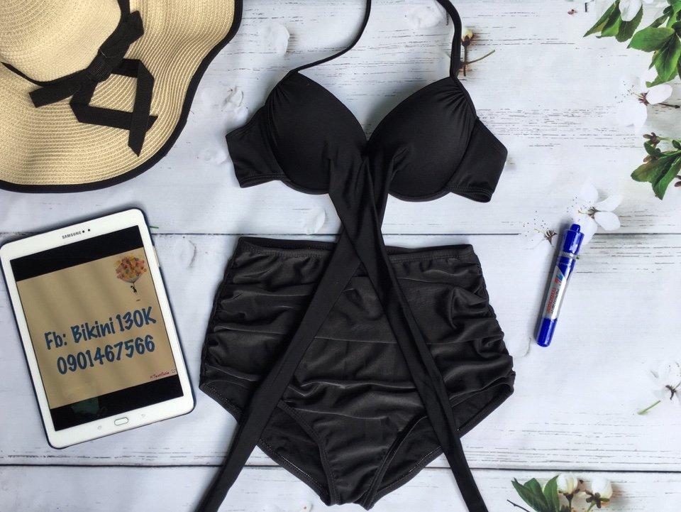[HCM]Bikini áo ngực chéo quần cạp cao nhún đen
