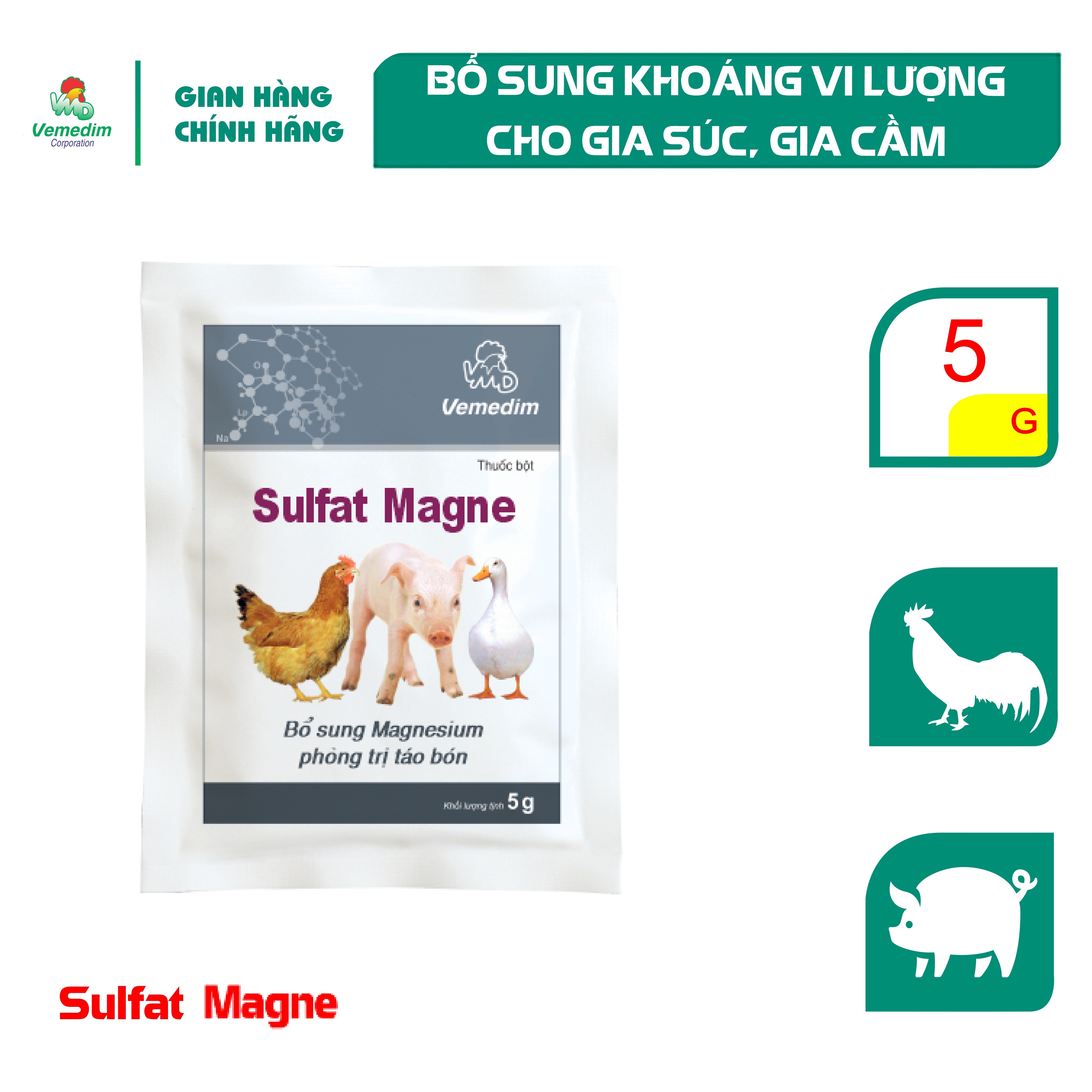 "Hoàn tiền đến 10%" Vemedim Sulfate Magne phòng táo bón cho gia súc, gia cầm, set 20 gói 5g