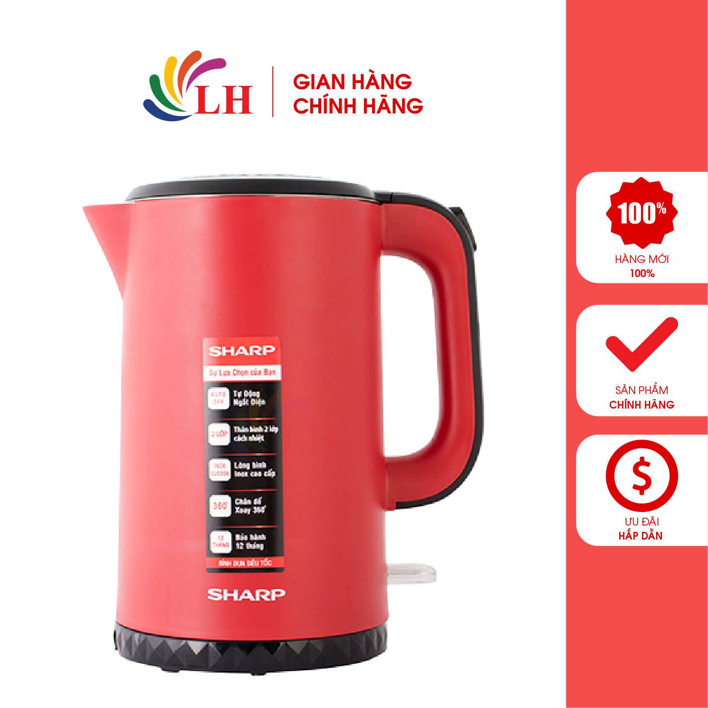 Bình đun siêu tốc Sharp 1.7 lít EKJ-17EVPS - Hàng chính hãng - Có đèn báo nước sôi, tự ngắt khi nước sôi và khi cạn nước, xoay bình 360 độ trên đế tiếp điện