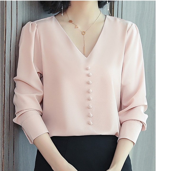 Áo Sơ Mi Nữ Công Sở Kiểu Cổ Tim Ngực Đính Nút Bọc