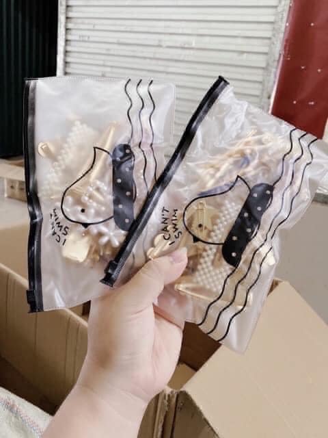Sét 5 kẹp tóc, cột tóc ngọc trai- Sét 5 ngoạm tóc túi zip sang chảnh