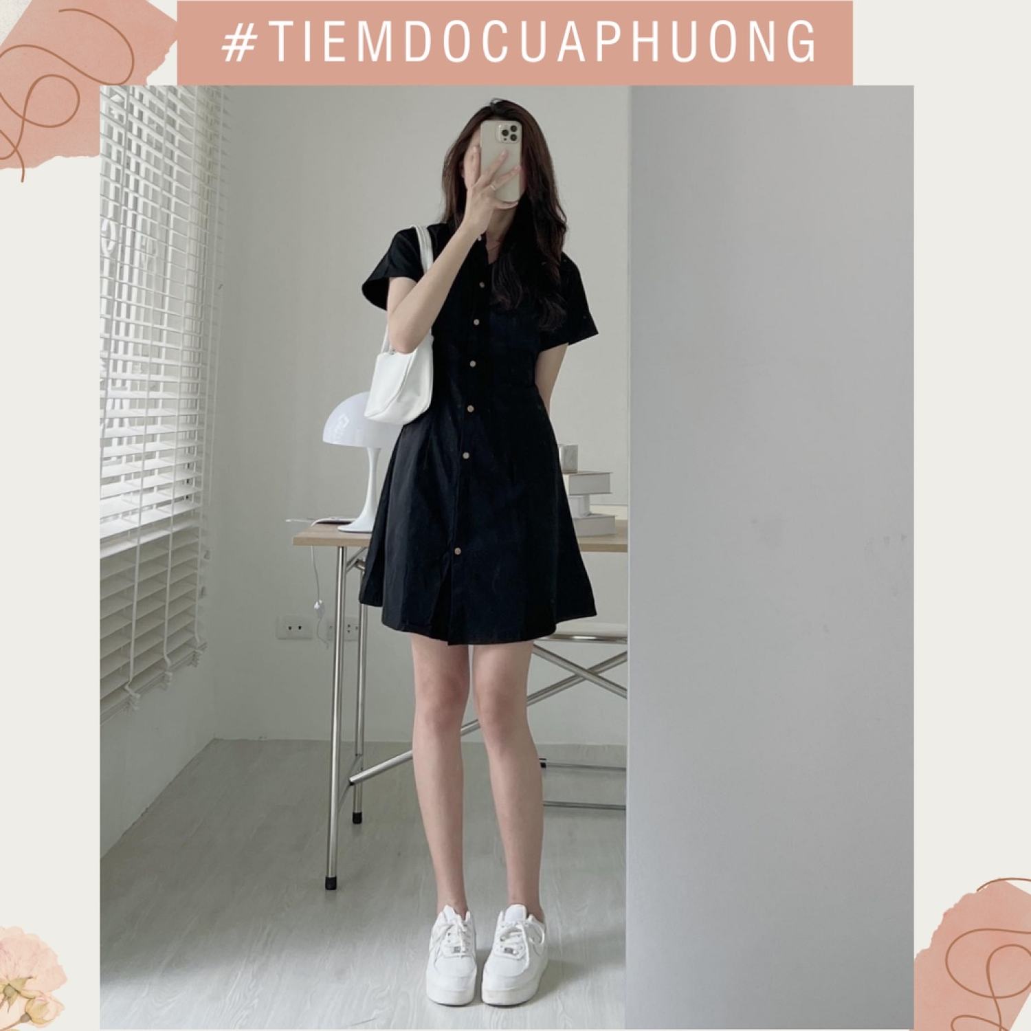Váy/đầm sơ mi dáng suông chất kaki mềm có chun lưng