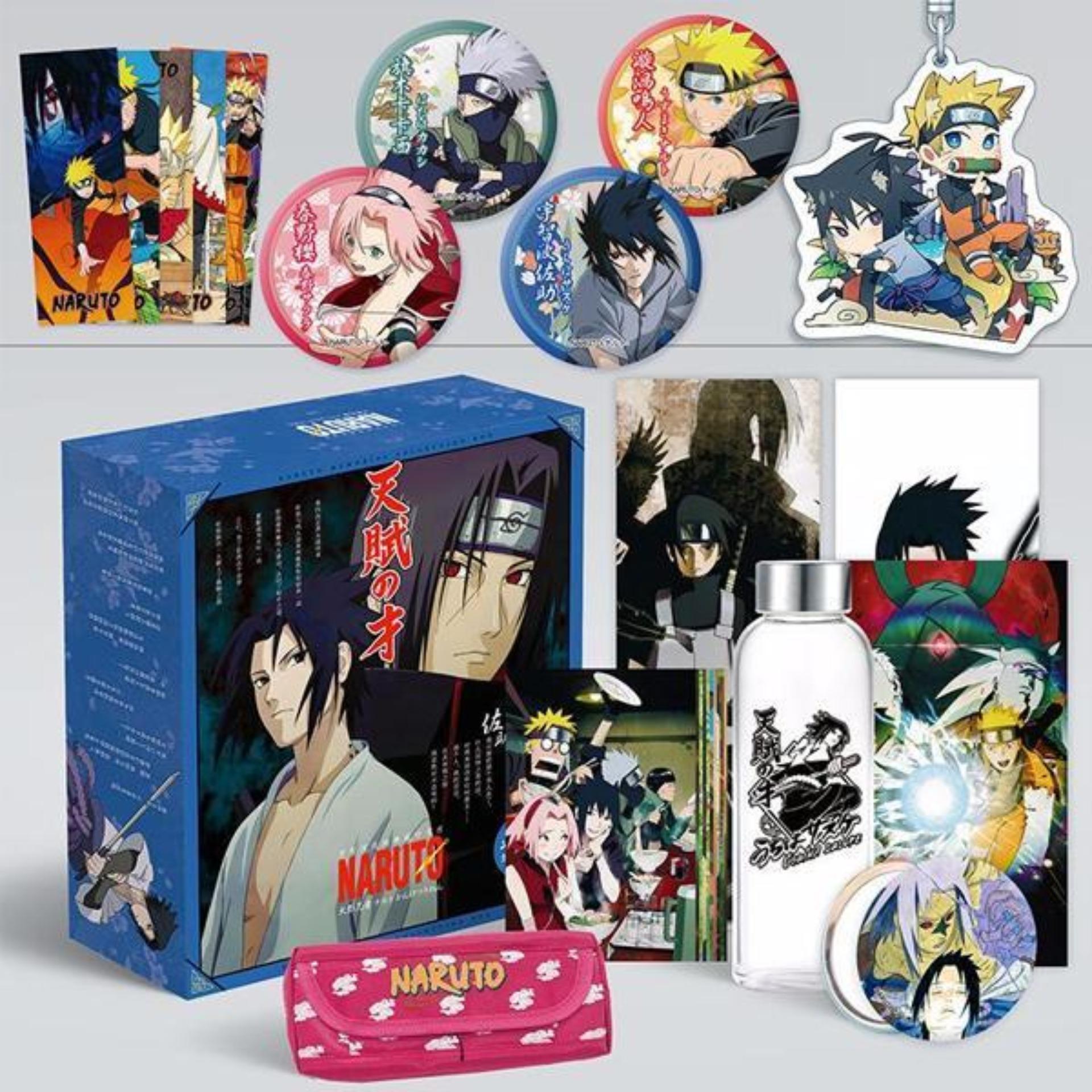Hộp quà tặng Naruto hộp to mẫu mới xanh có bình nước, ảnh dán, vòng tay, ảnh thẻ, postcard