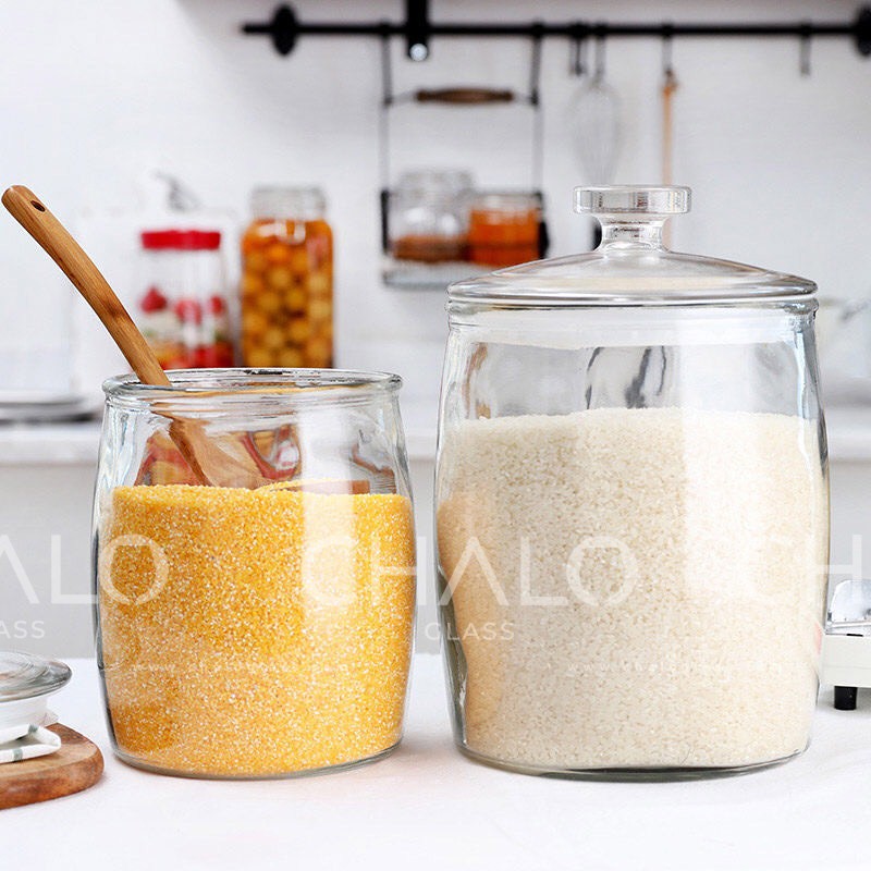 Bình thuỷ tinh 2000ml nắp núm đựng gạo, muối dưa...