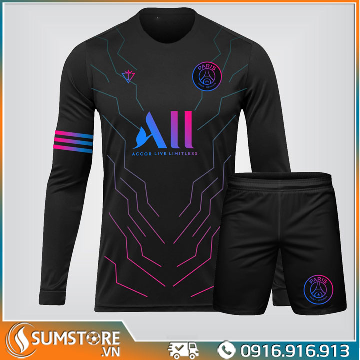 Áo Bóng Đá Độc Lạ Dài Tay PSG Paris Saint-Germain Đen - Đồ Đá Banh Nam Nữ Vải Thun Thể Thao Cao Cấp