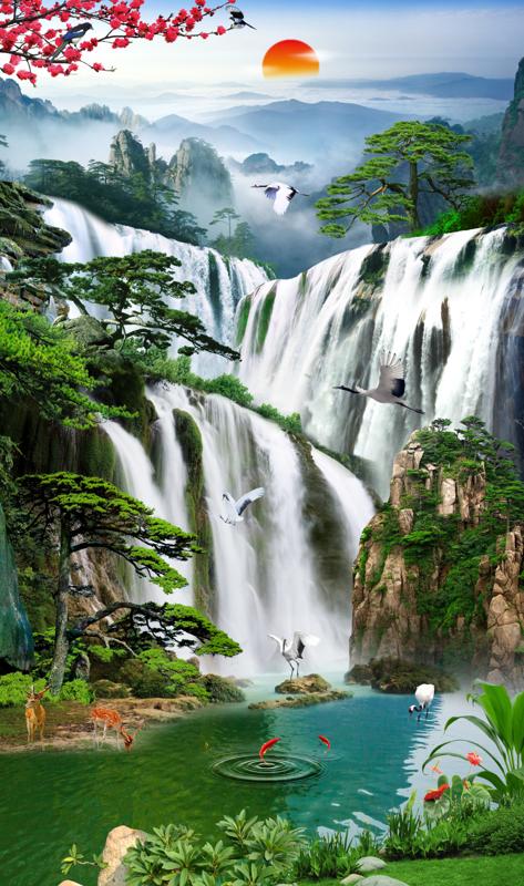 Tranh dán tường 3D khổ dọc phong thủy Tùng hạc diên niên VTC LunaTM-0086