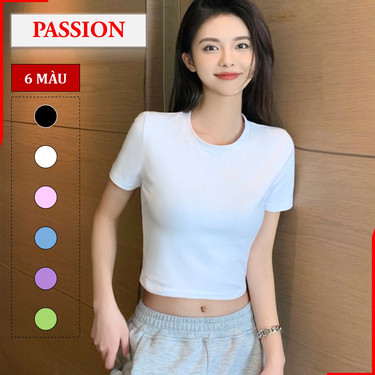 Áo thun croptop cổ tròn ngắn tay nữ dáng ôm 100% Cotton PASSION, croptop cổ tròn ngắn tay trơn phong cách Hàn Quốc