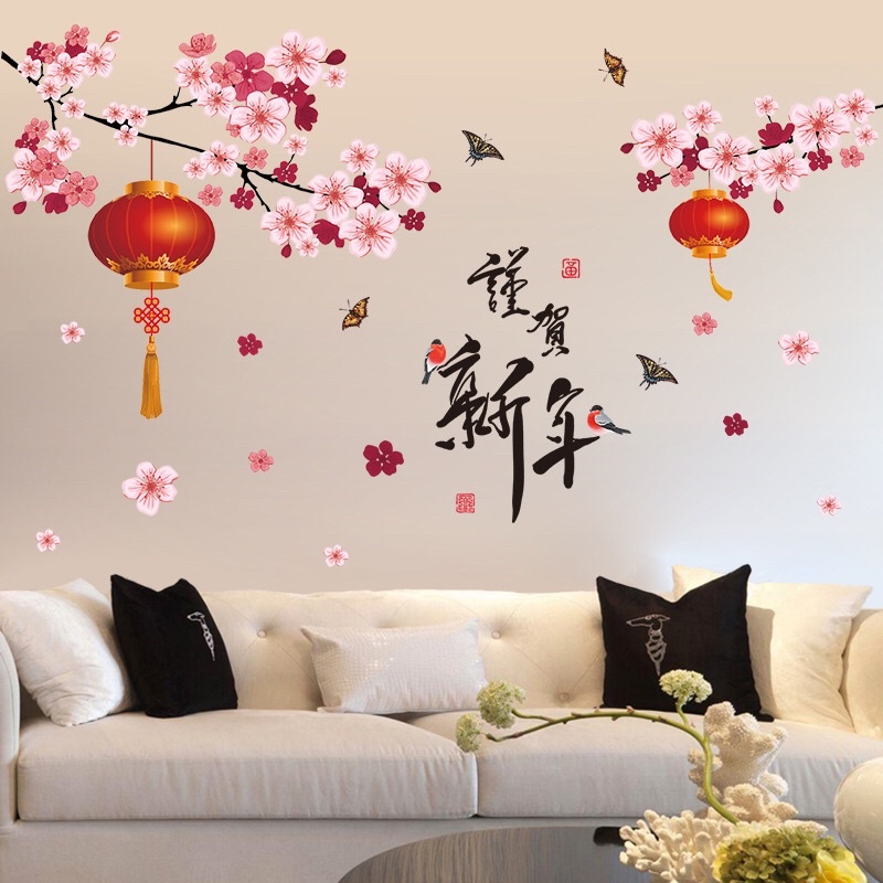 Tranh dán tường, Decal dán tường hoa đào hồng trang trí ngày tết