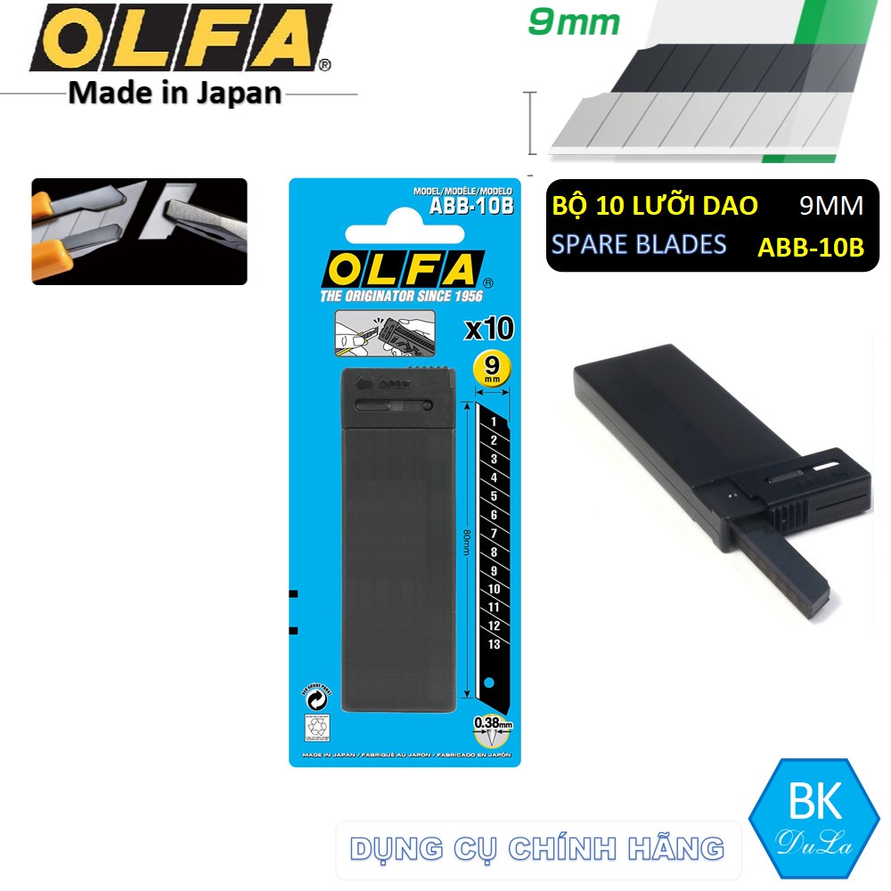 [Lưỡi dao Nhật] Bộ 10 Lưỡi dao cắt EXCEL BLACK ™ 9mm Nhật Olfa ABB-10B- Màu đen