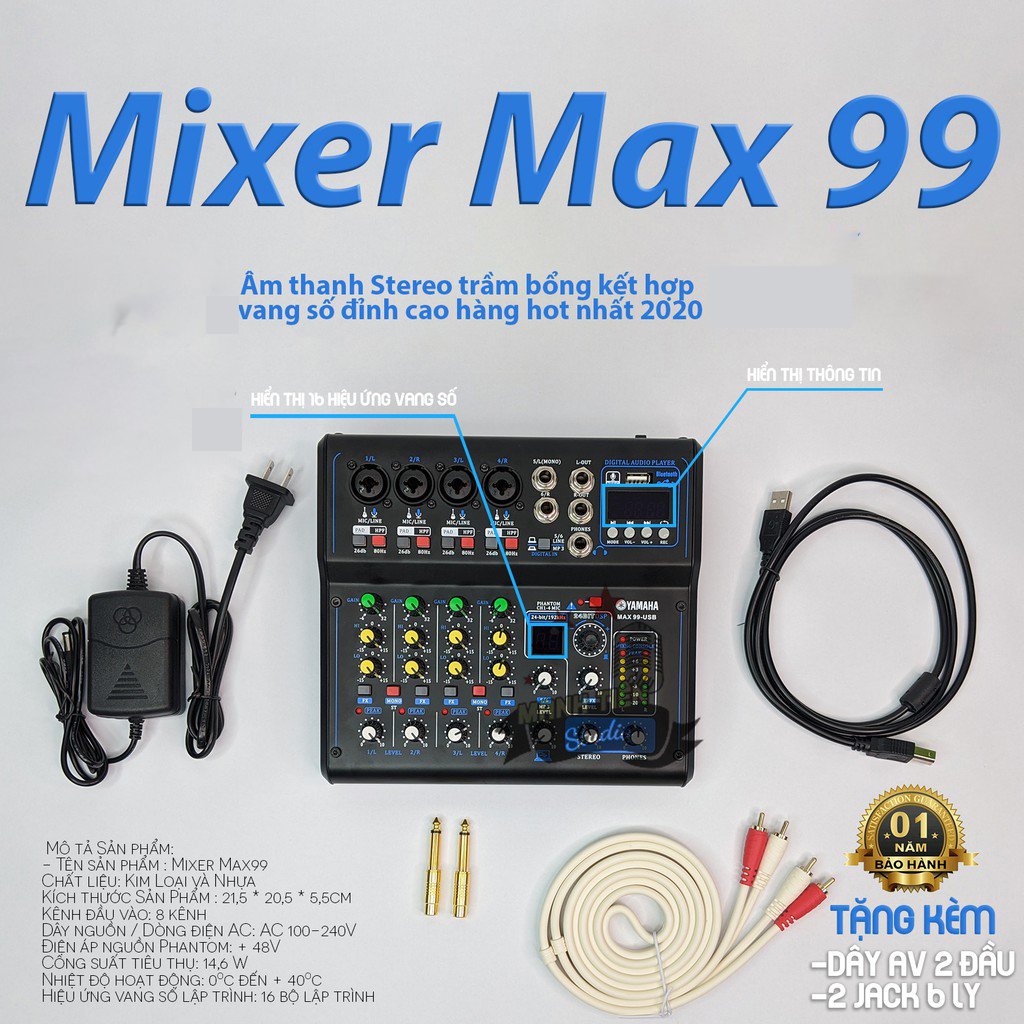 Bộ Khuếch Đại Âm Thanh, Mixer Kết Hợp Vang Số Max99, Bộ Mixer MAX 99, Mixer Yamaha Max 99 USB bluetooth 16 chế độ vang karaoke gia đình, livestream fb, Mixer G8 Tích hợp vang số