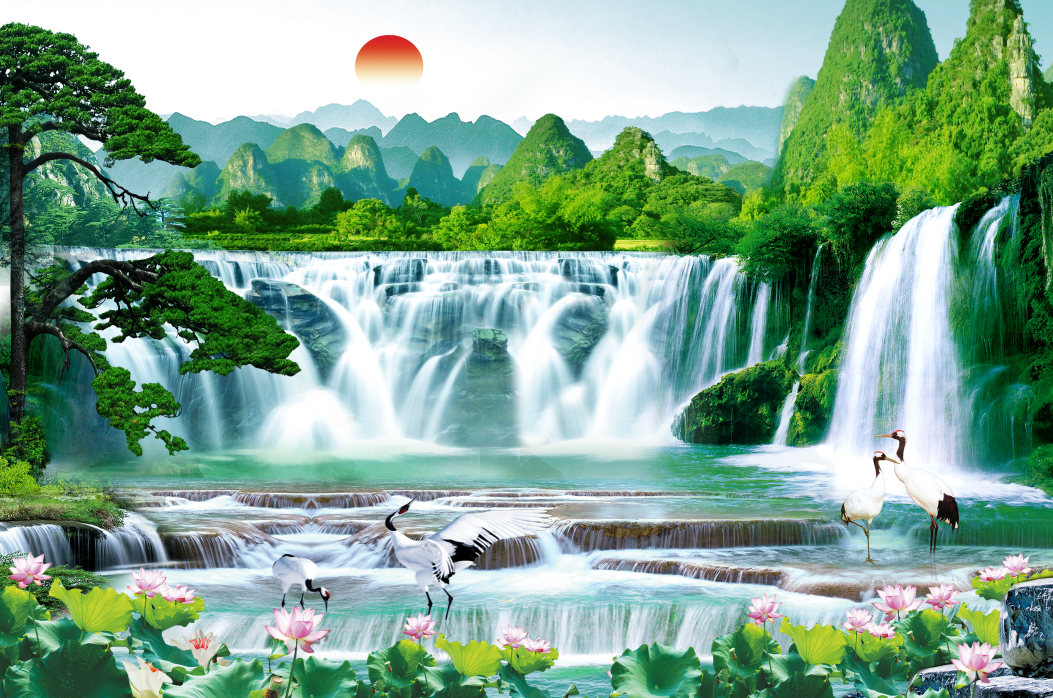 [Deal quà tặng] Tranh dán tường 3d phòng khách sơn thủy hữu tình phong cảnh lãng mạn