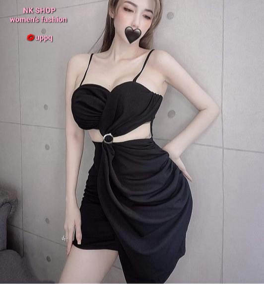 Đầm body 2 dây đắp vạt chéo phối lưới bụng