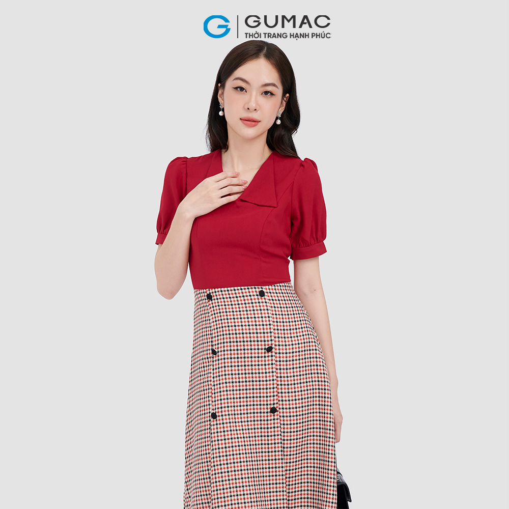 Đầm form A cổ bẻ phối nút GUMAC LD1014