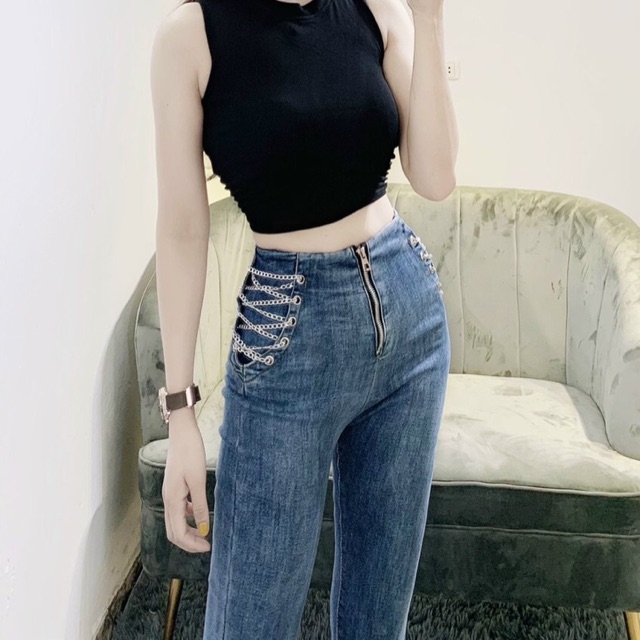 Quần bò đan dây
