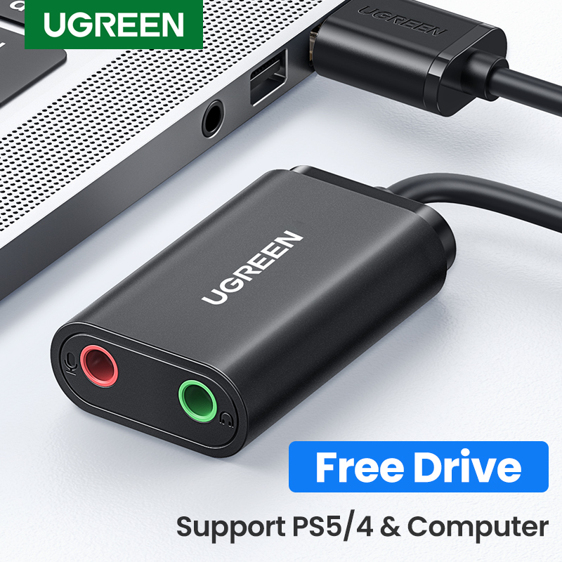 UGREEN USB Audio Adapter External Stereo Sound Card with 3.5mm Headphone and Microphone Jack for Windows Mac Linux PC Laptops Desktops PS5 Black