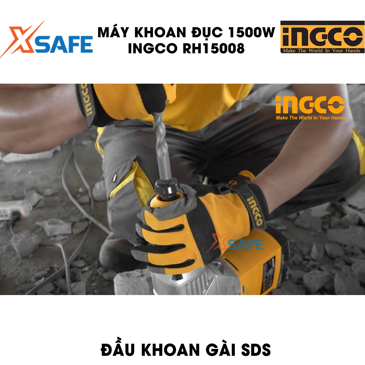 Machine drill chisel 1500W INGCO RH15008 attached 3 drill bit Tuck and 2 tip chisel. Machine drill chisel hand have no-load speed 750 within minutes, speed beating 3000 BPM, force beating 5J, genuine warranty 6 months-product genuine XSAFE