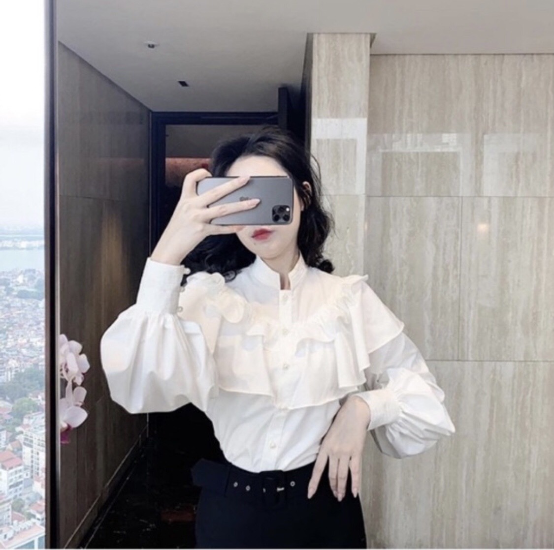 Áo Sơ Mi Nút Ngọc Bèo Tầng Cổ Trụ KT_008