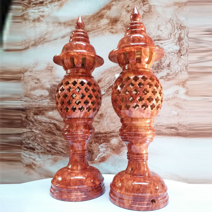 cặp Đèn thờ tổ ong cao 34cm ,màu đỏ vân  quả dứa gỗ xà cừ hàng xuất khẩu