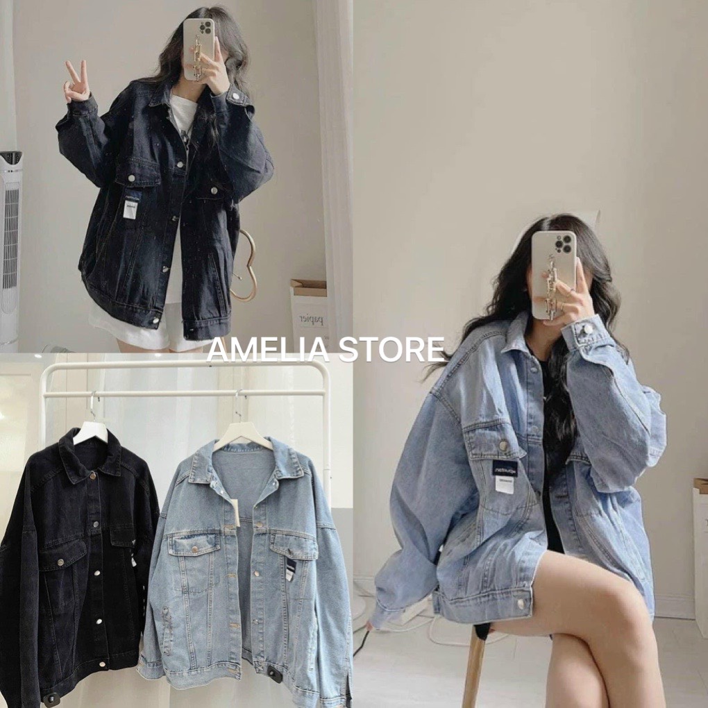 Áo khoác jean nữ trơn from rộng UNISEX màu đen, xanh