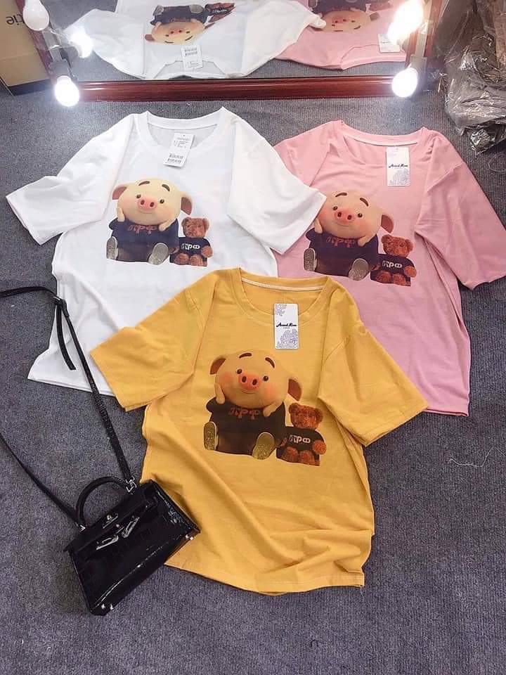 Áo thun in hình Heo cùng Gấu dễ thương, phối đồ siêu xinh