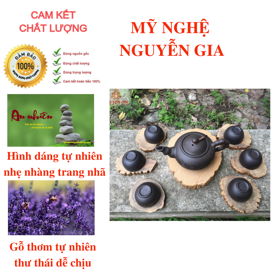 Khay trà gỗ nguyên khối, đế để ấm trà kèm 6 lót ly tự nhiên bằng gỗ Bách Xanh thơm mát tạo không gian thưởng trà mộc mạc dung dị như được hòa mình vào thiên nhiên