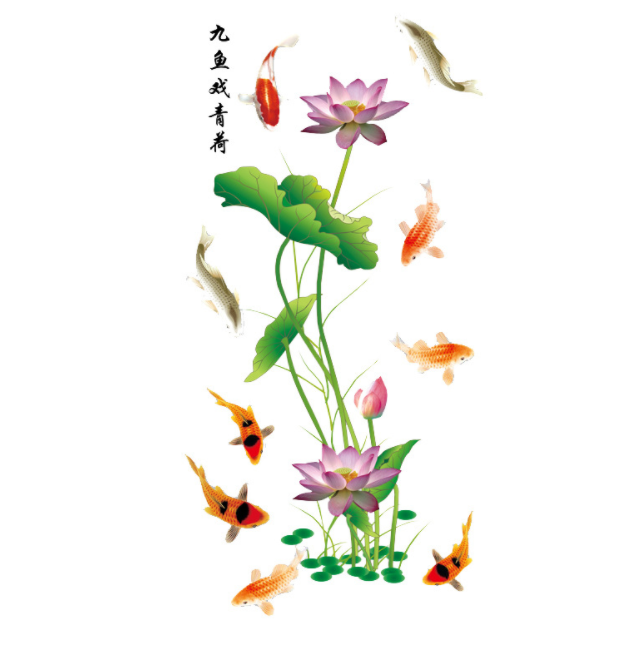 [HOASEN] DECAL TRANG TRÍ PHÒNG KHÁCH, DÁN TƯỜNG HOA SEN VÀ CÁ