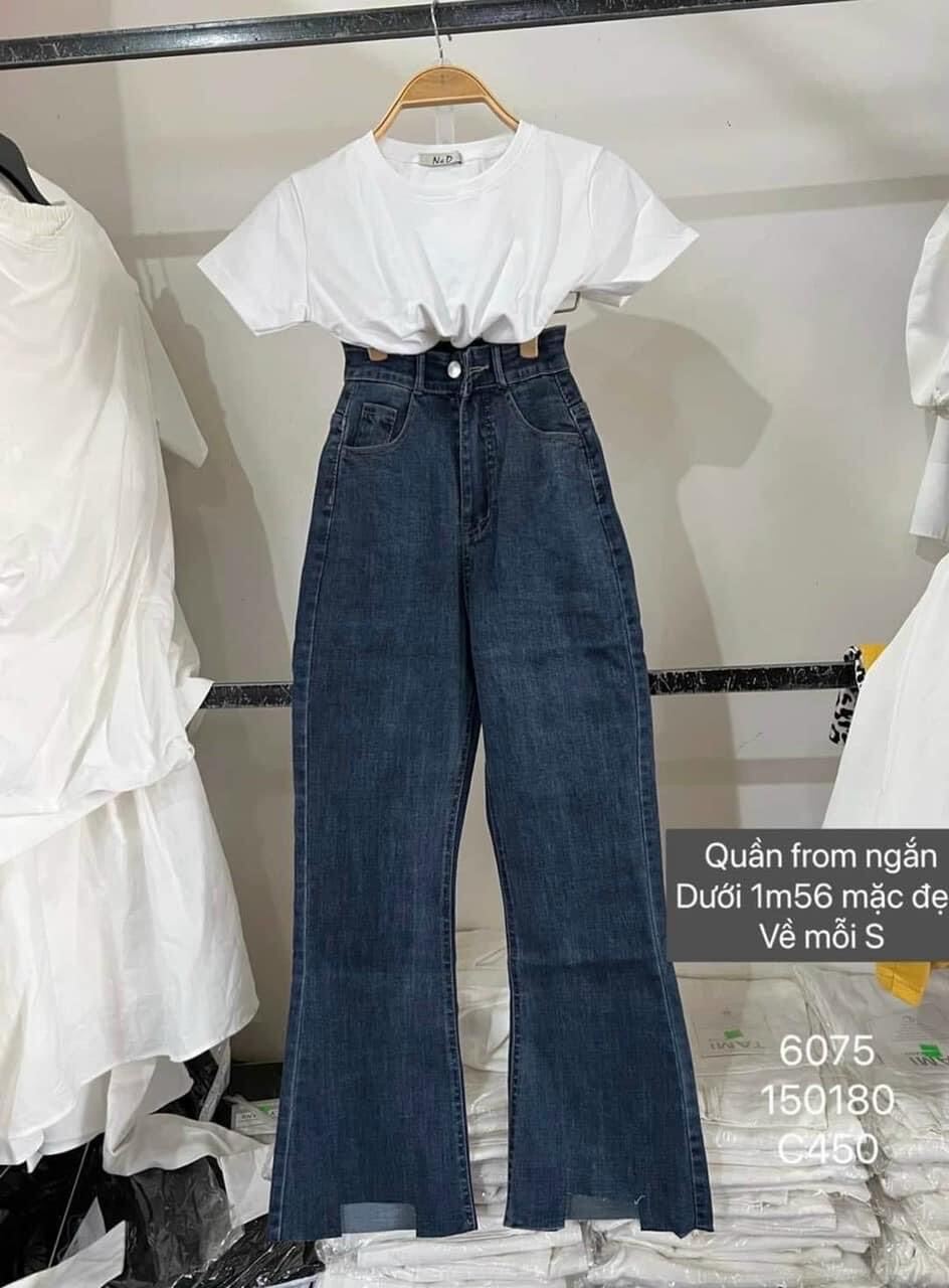 Jeans dài lưng cao co giãn ống loe rách gấu