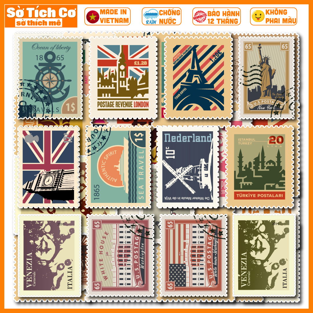 Bộ 50 Sticker Vintage Stamp chống nước sticker dán laptop, điện thoại, đàn guitar, mũ bảo hiểm, vali. MSP: NS31